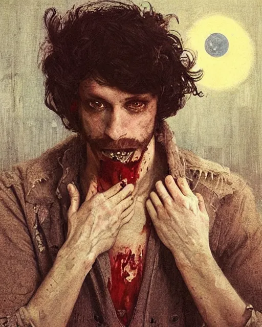 Image similar to a handsome but creepy man in layers of fear, with haunted eyes and wild hair, 1 9 7 0 s, seventies, wallpaper, a little blood, moonlight showing injuries, delicate embellishments, painterly, offset printing technique, by coby whitmore, jules bastien - lepage