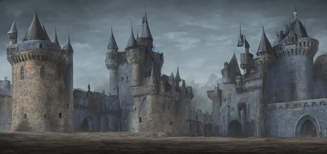 Image similar to A digital concept art painting of a dark blue medieval european ghotic castle with black brick in desert, 4K UHD image, unreal engine