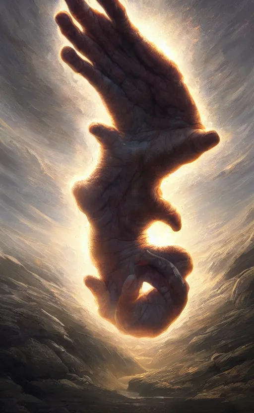 Prompt: the hand of God coming out of a portal hopping and time warping with reckless abandon, dramatic scene, masterpiece digital painting by Greg Rutkowski, Alex Grey, artstation, 4k wallpaper