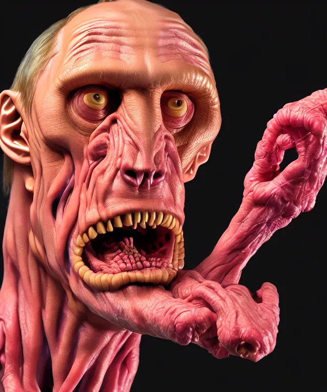 Image similar to hyperrealistic rendering, cronenberg flesh monster vladimir putin by art of skinner and richard corben and jeff easley, product photography, action figure, sofubi, studio lighting, colored gels