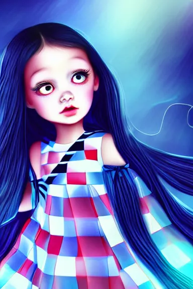 Prompt: mysterious girl child with her long black hair dressed in a chequered robe, carrying blue very big magical crystal, digital art, hd, 4 k, hyper detailed