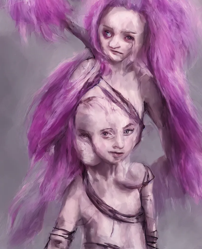 Prompt: little girl with eccentric pink hair wearing a dress made of purple fur, anatomically perfect, concept art, smooth