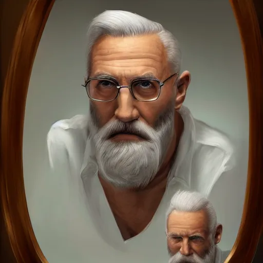 Image similar to man looking in the mirror, old, white beard, dementia, wrinkles, lost in the style of alex ross, 2 d, 4 k, unreal, intricate, digital painting, highly detailed, artstation, sharp focus, illustration, realistic shaded perfect face