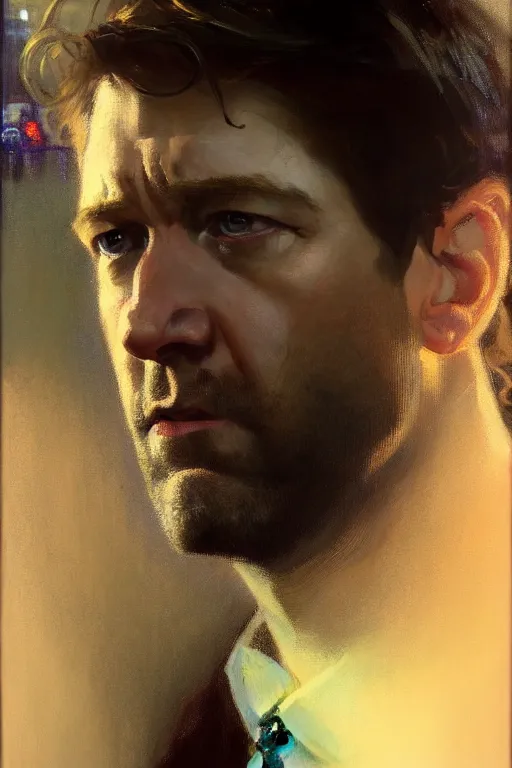 Image similar to hyperrealist portrait of jim halpert by jeremy mann and alphonse mucha, fantasy art, photo realistic, dynamic lighting, artstation, poster, volumetric lighting, very detailed faces, 4 k, award winning