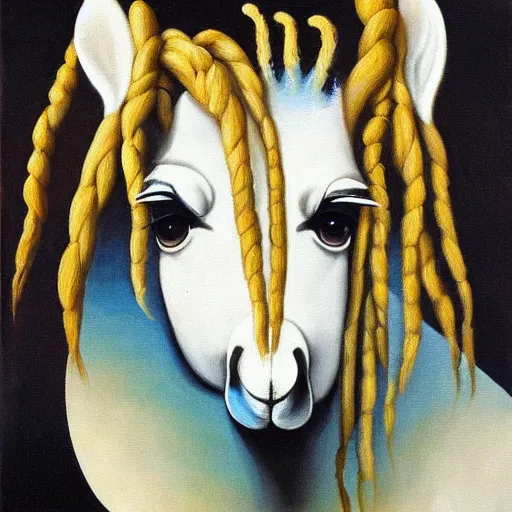 Prompt: A beautiful painting of a llama with dreadlocks, by Hannah Hoch, Trending on artstation.