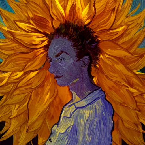 Image similar to closeup, giant sunflower head, woman standing in a room, surreal, dramatic light, impressionist painting, digital painting, artstation, van gogh