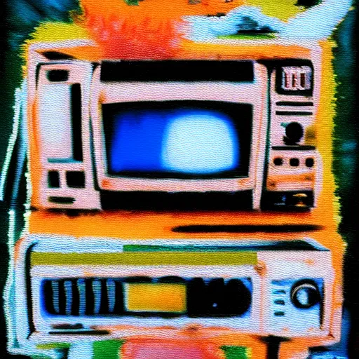 Prompt: made out of fur, array of crt televisions, tv static, antenna, stacked, polaroid, steroids, adult video store, impressionist painting, painting, acrylic painting, cell shaded