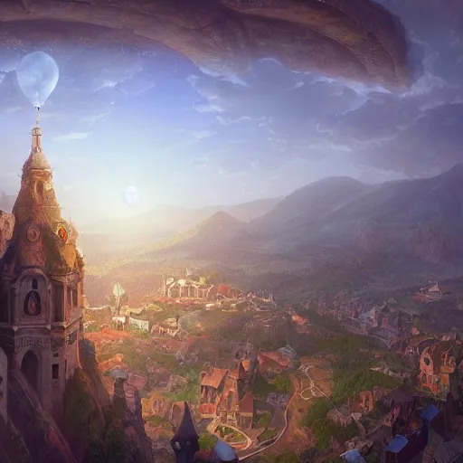 Image similar to aerial view of a hilly medieval town situated below an orb of light hanging in the sky. ornate pillar in foreground. bright orb, by alan lee by peter mohrbacher, trending on artstation sharp focus vfx key shot