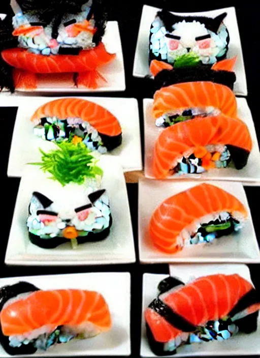 Image similar to clear photorealistic picture of adorable cats made out of sushi