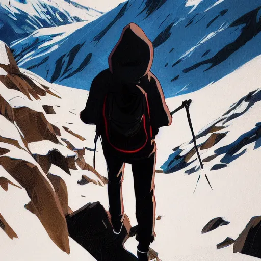 Prompt: person with hoodie walking up a mountain with a backpack that has katanas on the sides by ilya kuvshinov, amazing composition, astonishing detail, smooth lines, beautiful scenery