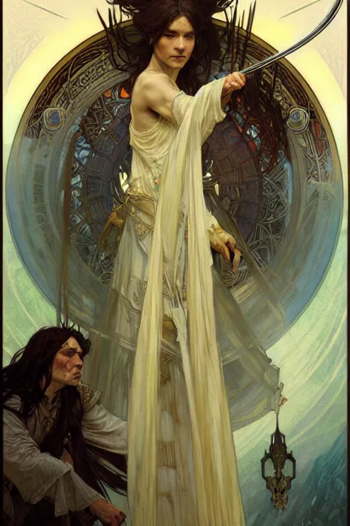 Image similar to The lord of the rings, fantasy, painting by greg rutkowski and alphonse mucha