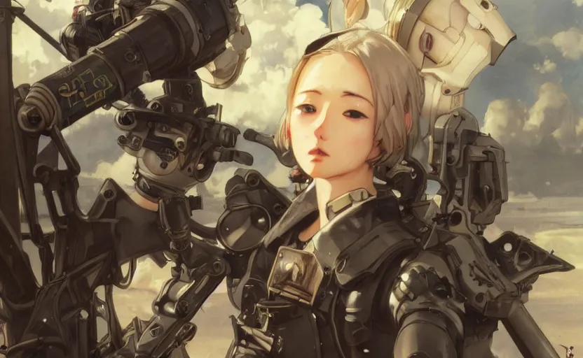 Image similar to mechanized witch girl, anime style, airforce gear, vintage clothing, combat ready, short hair, hair down, symmetrical facial features, from arknights, hyper realistic, 4 k, rule of thirds, extreme detail, detailed drawing, trending artstation, hd, d & d, realistic lighting, by alphonse mucha, greg rutkowski