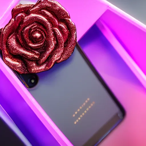 Image similar to a rose gold android phone, product picture, studio, studio light, professional, award winning photography, macro lens, 4 k