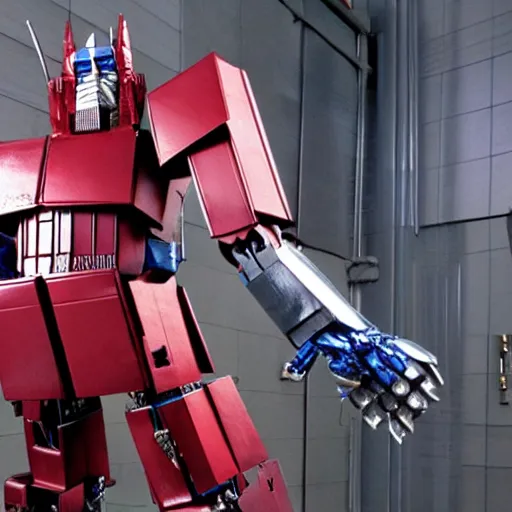 Prompt: Optimus Prime the Transformer robot made of flesh and bone