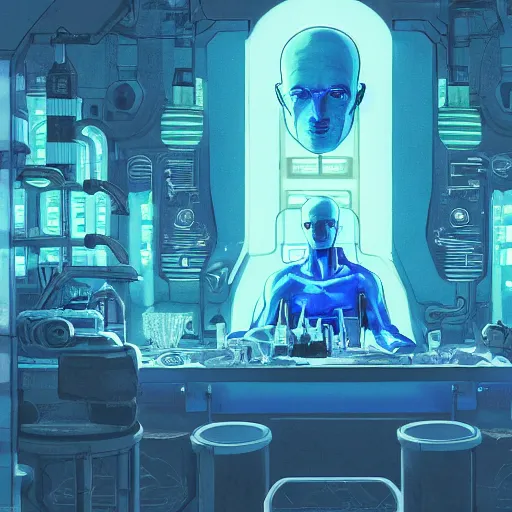 Prompt: Concept Art photography of highly detailed blue luminescent man like Dr.Manhattan with very detailed face in futuristic Inuit Glasses living his life in Middle aged tavern in cyberpunk Interior design style by Mathias Isaksen and Beeple. Very highly detailed 8K,Pentax 67, Kodak Portra 400 in style of Hiromasa Ogura Ghost in the Shell, the golden ratio, rational painting