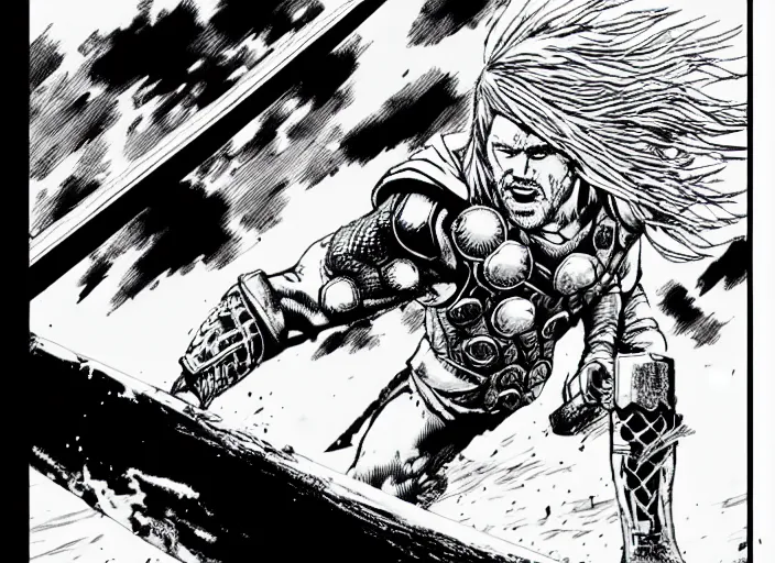 Image similar to thor with blond hair catches lightning and holds an ax in an epic battle with storm clouds with faces monsters by tsutomu nihei, black and white, epic battle background, comic, cinematic