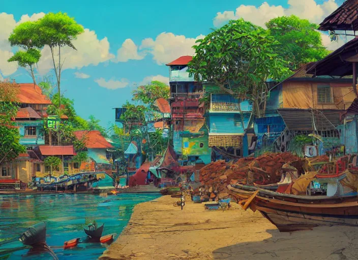 Image similar to kuala terengganu fishing village, summer morning, very coherent and colorful high contrast, art by gediminas pranckevicius, geof darrow, makoto shinkai, dark shadows, hard lighting