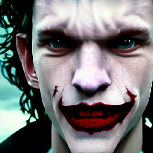 Image similar to selfie of tom holland as young joker, fine detailed face, long hair, stunning 3 d render inspired art by greg rutkowski and xiang duan and thomas eakes, realistic, highly detailed attributes and atmosphere, dim volumetric cinematic lighting, 8 k octane detailed render, post - processing, masterpiece,