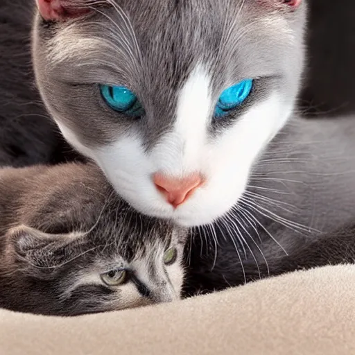Prompt: calico cat grooming her newborn grey kitten