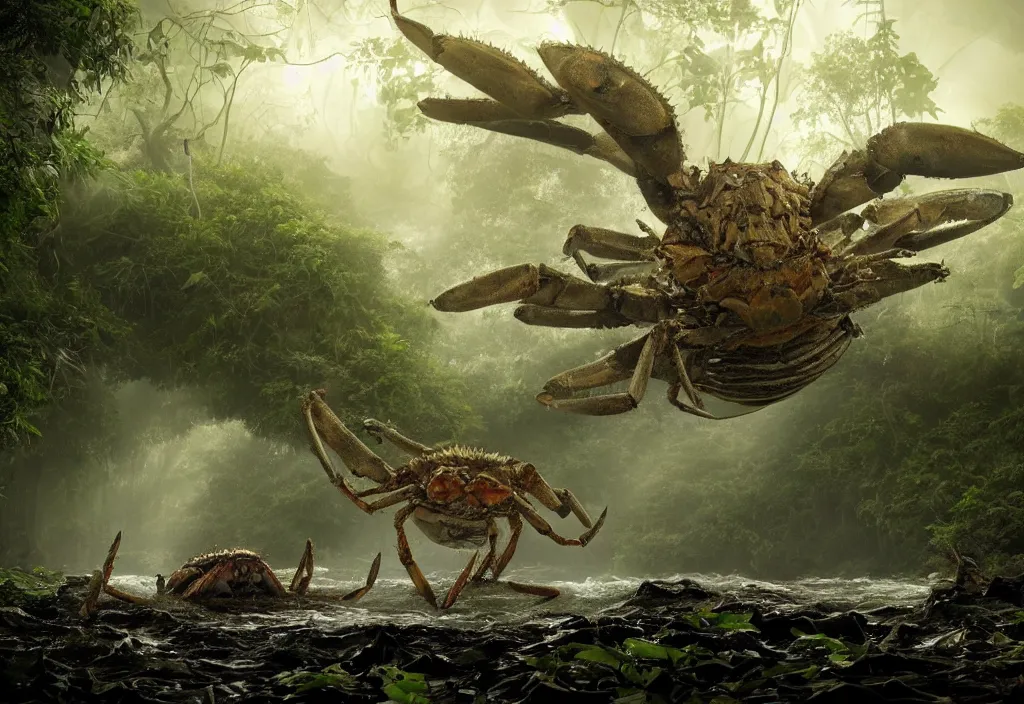 Image similar to an enormous giant crab king emerging from the waters, in a jungle with ominous light from above, ambient light, fog, river, very poetic