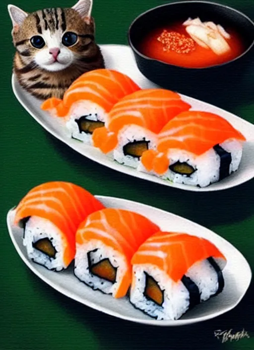 Image similar to clear photorealistic picture of adorable cats made out of sushi