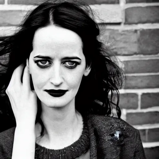 Image similar to closeup portrait of eva green in a winter london street, photograph, natural light, sharp, detailed face, magazine, press, photo, Steve McCurry, David Lazar, Canon, Nikon, focus