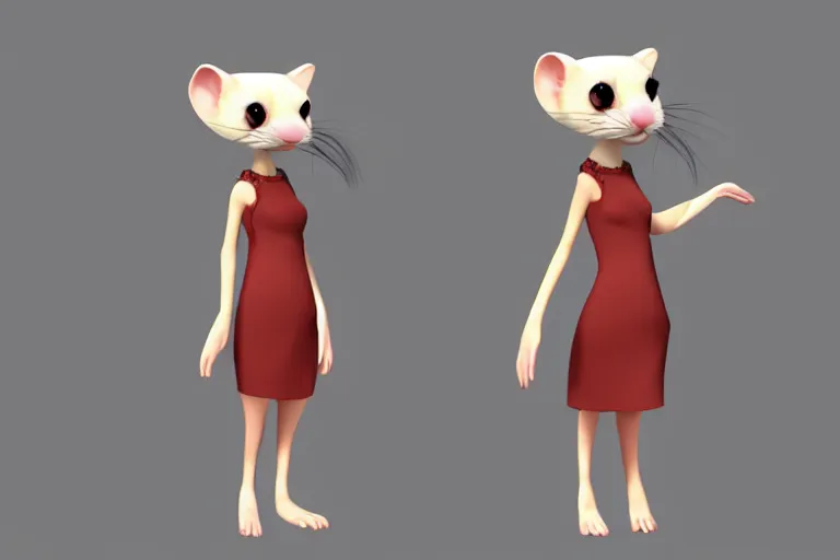 Prompt: flat 2 d : female ferret character : wearing jewlery : wearing a nice dress : head torso legs feet : lorax movie : artstation