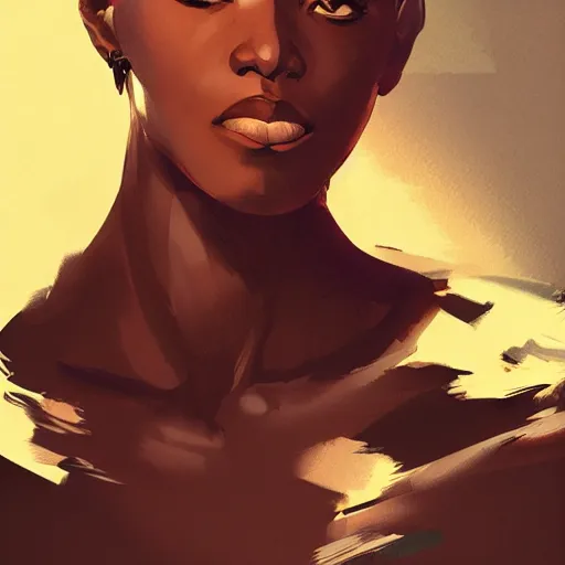 Prompt: portrait of a bald black woman, dramatic lighting, illustration by Rossdraws, yoji shinkawa, 4k, digital art, concept art, trending on artstation