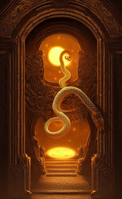 Image similar to a ornamental gate into space a snake emerges from it, ornament, intarsia, portal, doorway, dynamic lighting, ambient lighting, atmospherical, photorealistic fantasy concept art, trending on art station, stunning visuals, creative, cinematic, ultra detailed