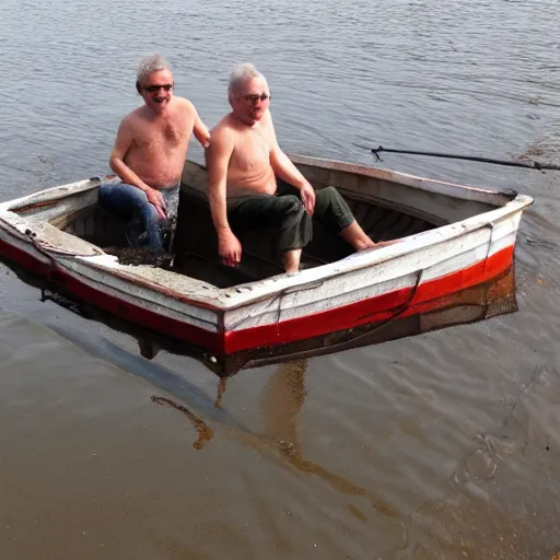 Prompt: boris blank and dieter meier in a little boat in a puddle.