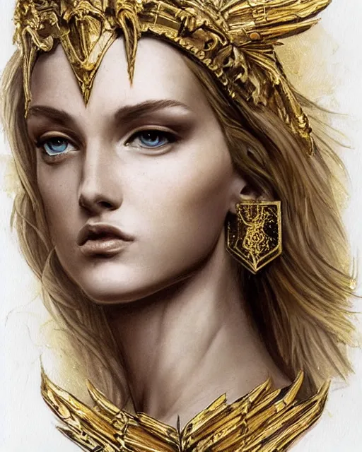 Image similar to tattoo sketch of blonde super model aphrodite greek goddess wearing a gold laurel wreath and triangle earrings, beautiful piercing gaze with sharp pupils, in the style of greg rutkowski, fantasy, amazing detail, epic, elegant, smooth, sharp focus, front view