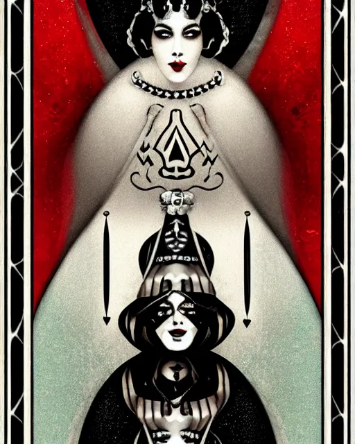 Image similar to queen of spades playing card in the style of tom bagshaw, symmetry