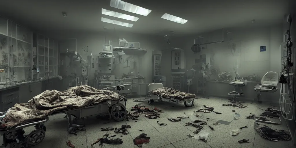 Prompt: a hospital room filled with iron lungs, skulls litter the ground, 1 6 k, photorealistic, cinematic composition, movie concept art, cinematic composition 8 k, intricate detail, high detail, hd, octane render, unreal engine, v - ray, cinematic lighting, octane, volumetric lighting, dark moody lighting, atmosphere, mist, fog, matte painting, extreme long shot