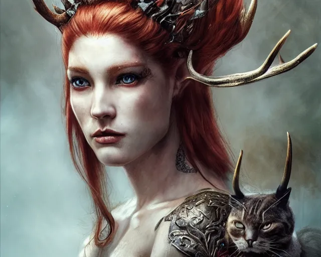 Image similar to 5 5 mm portrait photo of an armored gorgeous aesthetic redhead woman warrior with a face tattoo and antlers growing from her head and cat on her shoulder, in a magical forest in the style of luis royo. art by greg rutkowski. highly detailed 8 k. intricate. lifelike. soft light. nikon d 8 5 0.