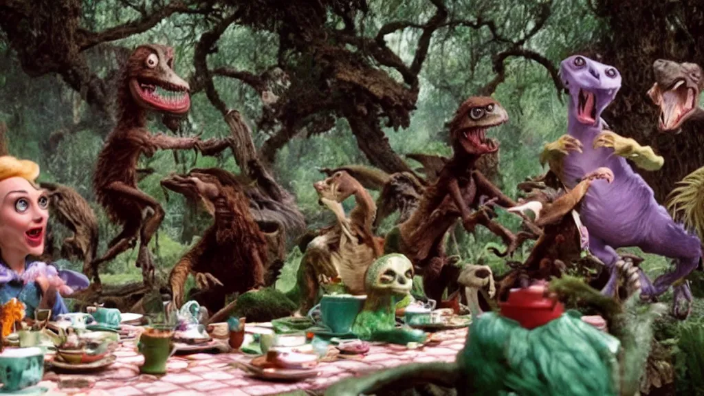 Prompt: A movie screenshot of Velociraptors having tea with Alice in Wonderland, directed by Henry Selick and Tim Burton, claymation, cinematic, balanced composition, whimsical.