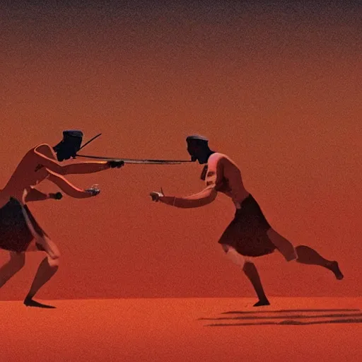 Image similar to cinematic still of silhouettes of two Mediterranean skinned men fighting in ancient Canaanite clothing, wrestling, knife, middle eastern field background, red hues, directed by Russell Mulcahy