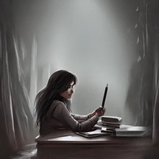 Image similar to a brown female author writing a book with a pen in an eerie cottage in the woods, detailed digital art, trending on artstation, realistic! 8k, anatomically correct