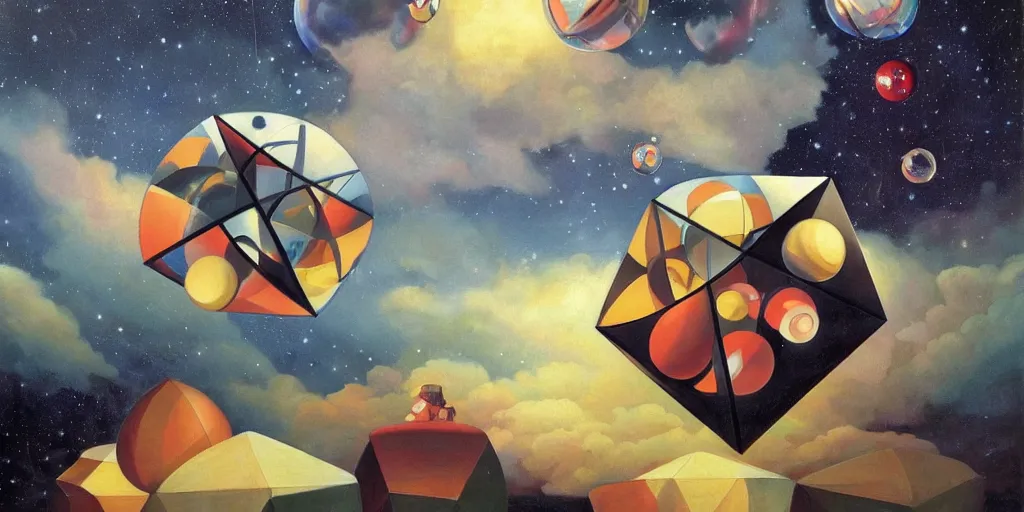 Image similar to a painting by ralph mcquarrie of floating molecules and a giant head icosahedron with stars, clouds, and rainbows in the background, trending on artstation, masterpiece, incredible details