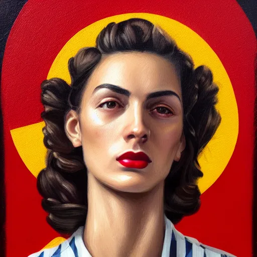 Image similar to A Hearts of Iron IV portrait of a Spanish young woman with high cheekbones. Good bone structure. Dressed in 1940s style. Highly detailed, fine Art, high detail, great lighting, 8k resolution, masterpiece, concept art, illustration, clear eyes, painting oil on canvas, octane render, HDR, trending on artstation, 4k, 8k, HD
