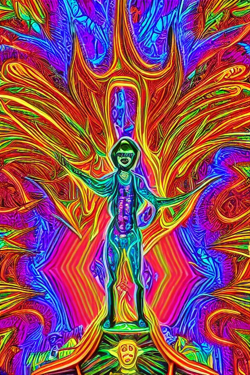 Prompt: a detailed digital neon illustration art of the burning man statue in the style of Alex Grey, lisa frank, psychedelic, fantasy, 8k, ornate, intricate, symmetry