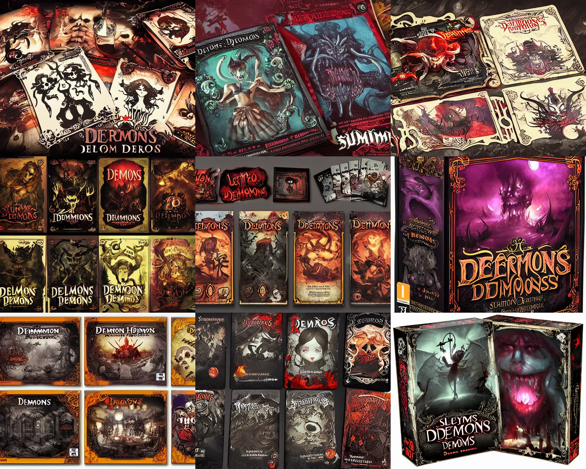 Prompt: let's summon demons parlor game package design by steven hodes