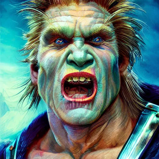 Prompt: detailed photo portrait of a Half-orc bard portrayed by Gary Busey, 8k,by Tristan Eaton, Stanley Artgermm, Tom Bagshaw, Greg Rutkowski, Carne Griffiths, trending on DeviantArt, face enhance, hyper detailed ,full of color, dramatic lightning, epic stance