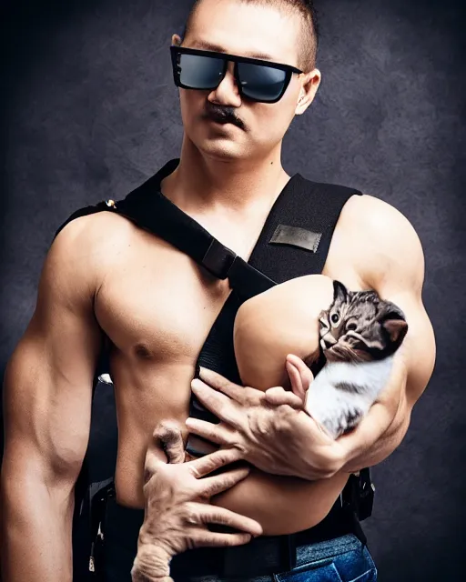 Prompt: badass muscular gangsta wearing baby sling with kitten in it without baby, sunglasses, studio portrait, golden ratio, backlit