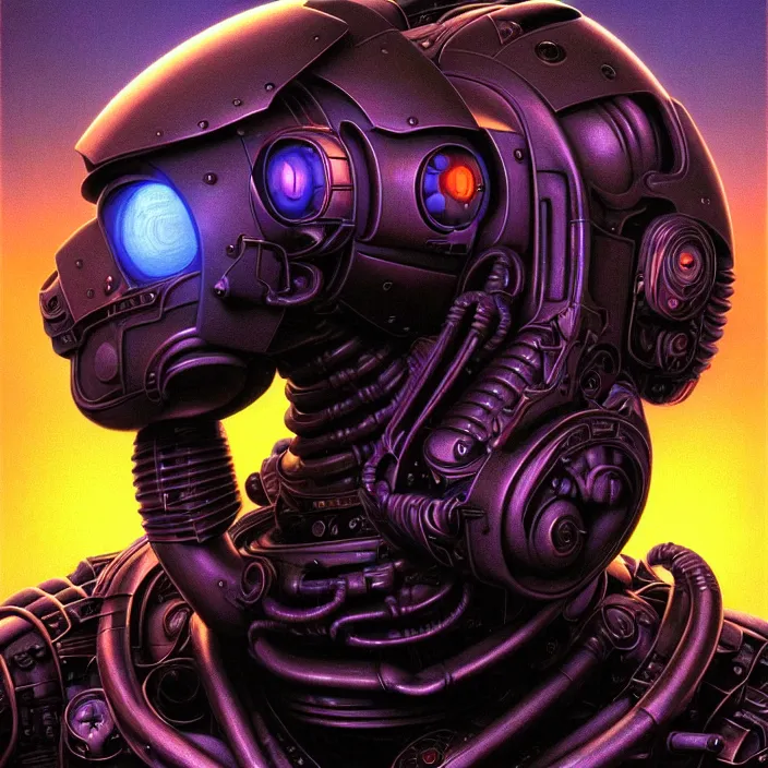 Prompt: cinematic bust portrait of psychedelic robot from left, head and chest only, exotic alien features, robotic enhancements, desaturated, Tim Hildebrandt, Wayne Barlowe, Bruce Pennington, donato giancola, larry elmore, oil on canvas, masterpiece, trending on artstation, featured on pixiv, cinematic composition, dramatic pose, beautiful lighting, sharp, details, hyper-detailed, HD, HDR, 4K, 8K