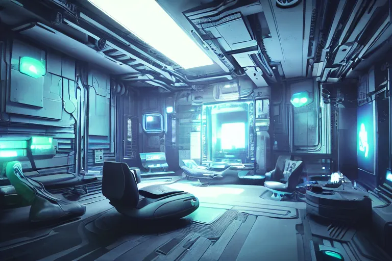 Image similar to cyberpunk alien concept inspired room, futuristic look, highly detailed body, very powerful, photorealistic camera shot, bright studio setting, studio lighting, crisp quality and light reflections, unreal engine 5 quality render