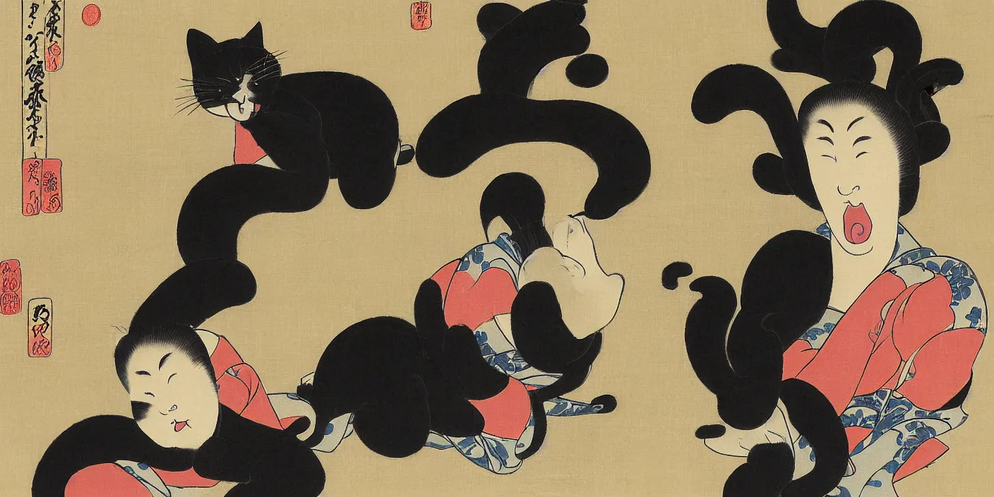 Image similar to woman yelling at cat meme nihonga painting by uemura shoen