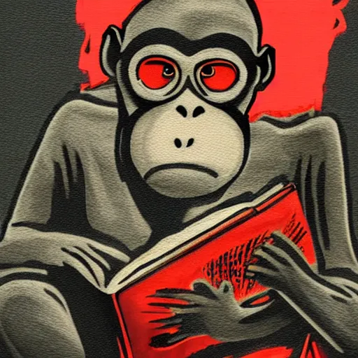 Image similar to a single Monkey reading a book, wearing a gas mask, graffiti, edge to edge, solid color background intricate, highly detailed, smooth, sharp focus, detailed face and body, high contrast