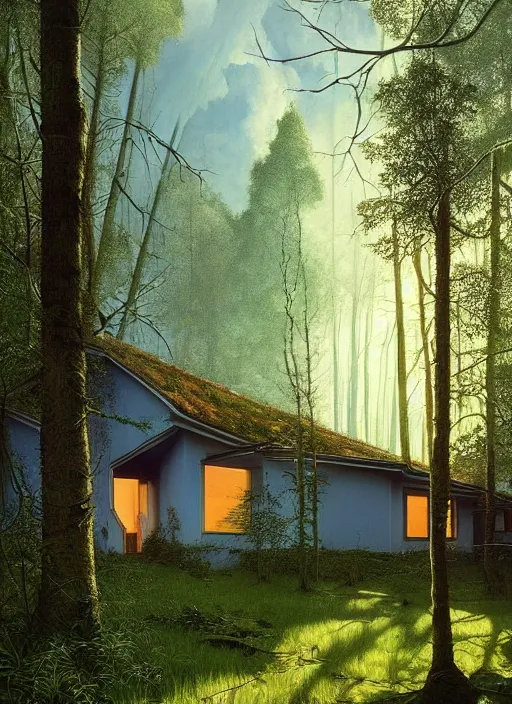 Image similar to hyper realistic witchy modern house with mood lighting and tech in the woods gorgeous lighting, sunbeams blue sky, highly detailed, lush forest foliage painting by zdzisław beksinski and norman rockwell and greg rutkowski weta studio, and lucasfilm