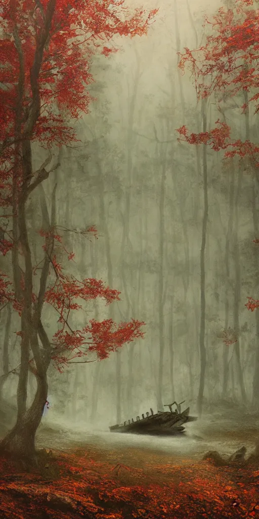 Image similar to an old big shipwreck in an autumn forest, green and red tones, by Aron Wiesenfeld and beksincki, cinematic, detailed illustration, nature, fog, dark colors, suspense, intricate, 8k