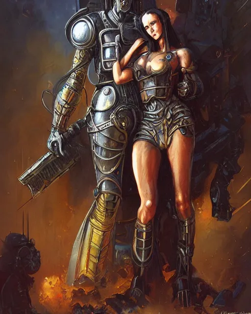 Image similar to a painting of a man in armor holding a woman, cyberpunk art by greg staples and by thomas blackshear and by michael whelan, cgsociety, fantasy art, dystopian art, androgynous, poster art